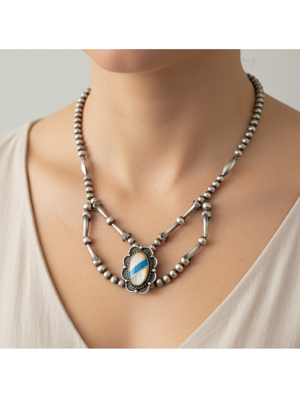 Native American Signed MOP & Turquoise Inlay Necklace – 18" Sterling Silver